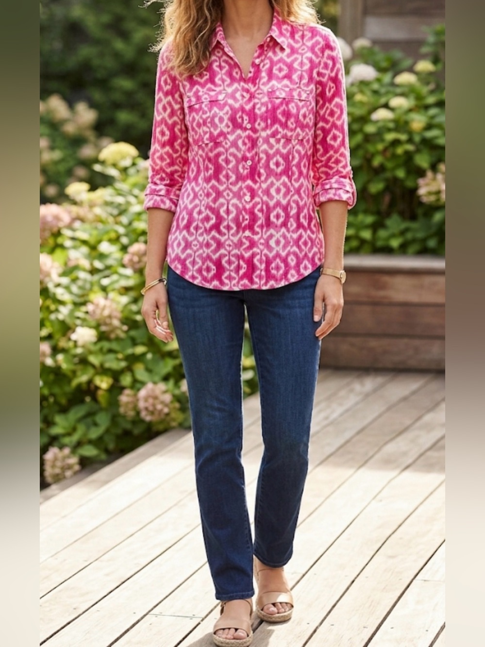 Michael Kors Pink and Cream Ikat Button-Up Top size large